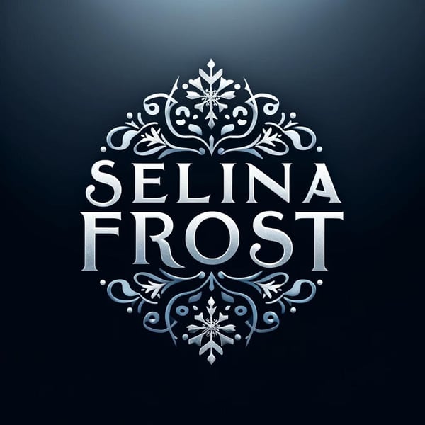 Elegant artistic logo featuring the name 'Selina Frost' in stylish silver lettering surrounded by intricate snowflake and floral designs on a dark blue background.