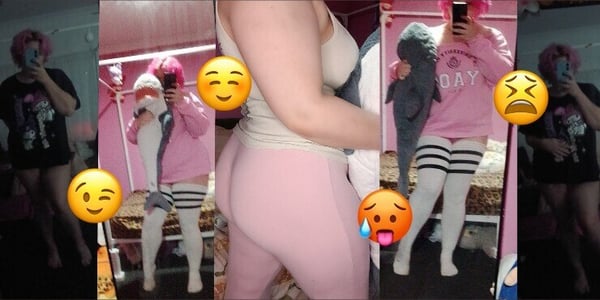A woman in pink leggings and striped stockings posing playfully with plush toys and emojis in a pink-themed room.