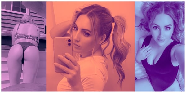 Collage of a woman posing in swimwear and casual outfits, showing various angles and expressions against colorful backgrounds.