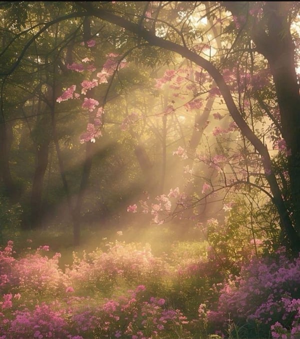 Dreamy forest scene with blooming pink flowers and soft sunlight filtering through the trees.