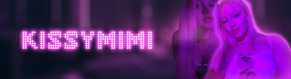 A young woman with long blonde hair posing in a dimly lit purple-themed setting with neon pink text overlay.