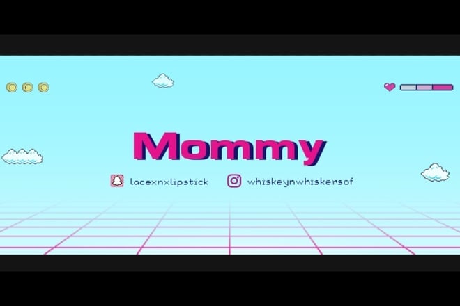 Colorful graphic design featuring the text 'Mommy' in pink bold letters on a blue sky background with clouds and social media handles.