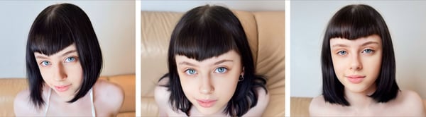 Three close-up portraits of a young woman with dark bob hair and bangs, posing softly in different angles against neutral backgrounds.