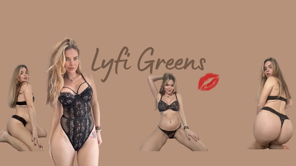 A young woman with blonde hair posing in black lace lingerie in multiple dynamic positions on a beige background with her name overlaid.