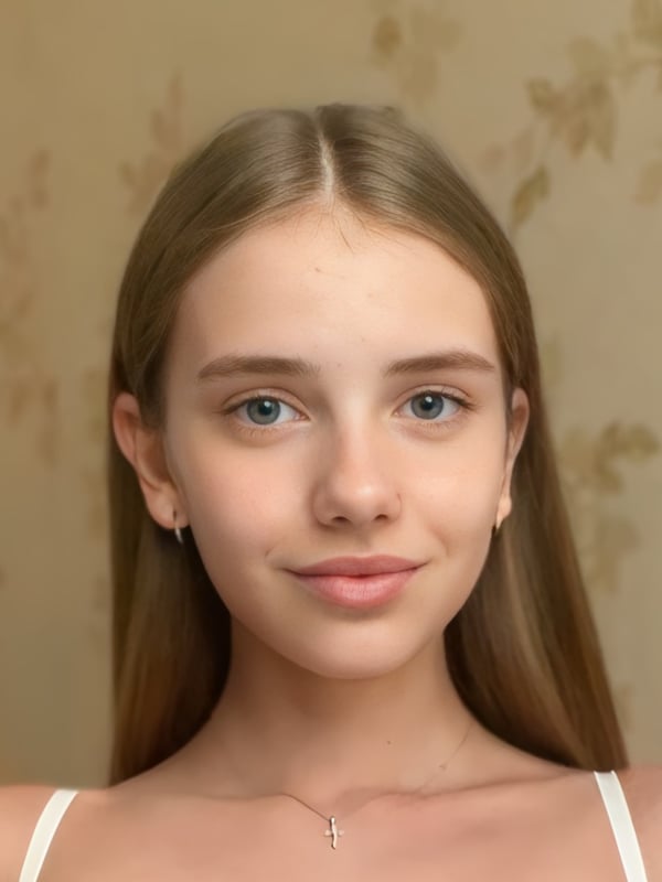 Close-up portrait of a young woman with long blonde hair, blue eyes, and a subtle smile, wearing a thin strap top against a textured beige background.