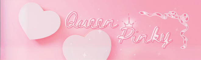 Pink-themed header with decorative hearts and the stylized text 'Queen Pinkyy' in a playful font.
