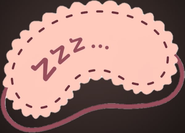 Pink sleep mask illustration with 'zzz' symbols on a dark background.