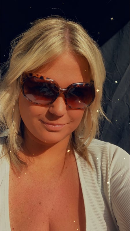 A woman with blonde hair wearing large leopard-print sunglasses and a white top, smiling against a dark background with sparkles.
