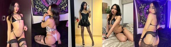 Young woman posing in lingerie and gothic attire in various indoor settings with colorful lighting and bedroom backgrounds.