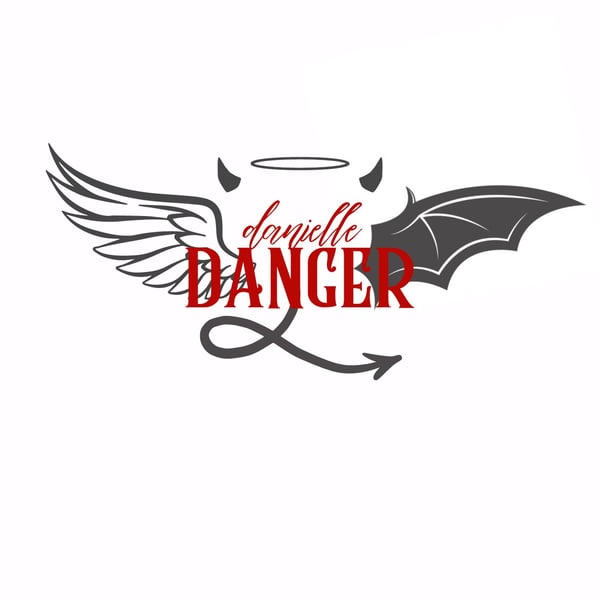Artistic graphic design featuring the name 'Danielle Danger' with angel and demon wings, halo, and horns in black, white, and red tones.
