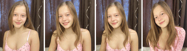 Young woman with long brown hair smiling playfully in multiple close-up selfies against a curtained background, wearing a light pink top.