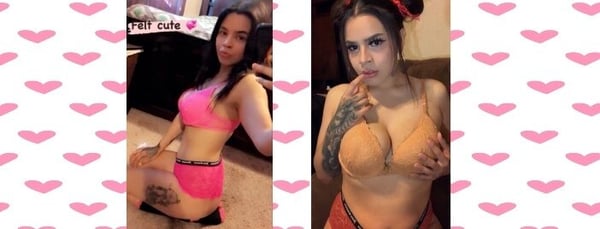Two women posing confidently in colorful tops and bottoms with heart patterns in the background.