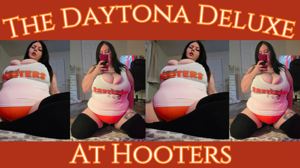 A collage of a woman in a Hooters uniform posing playfully in various shots, with bold text overlay reading 'The Daytona Deluxe at Hooters'.