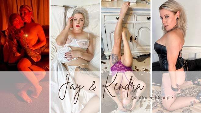 Collage of a couple posing in lingerie and intimate settings indoors, with names Jay & Kendra overlaid.