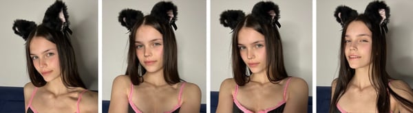 Young woman with long dark hair wearing black cat ear headbands, posing in a pink tank top from multiple angles in an indoor setting.
