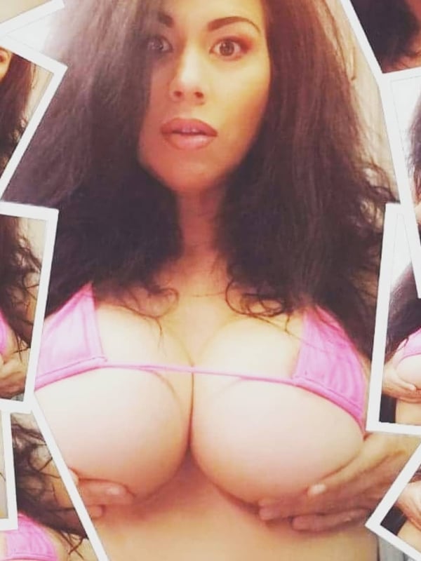 Collage of a woman with long dark hair wearing a pink bikini top, smiling at the camera in multiple poses.