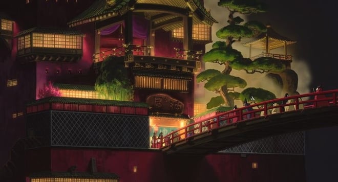 Anime-style illustration of a traditional Japanese onsen building with red bridges, lanterns, and lush greenery under a night sky.