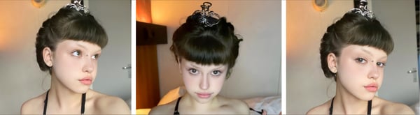 Young woman with dark bob haircut and hair accessory posing in three close-up profiles indoors with warm lighting.