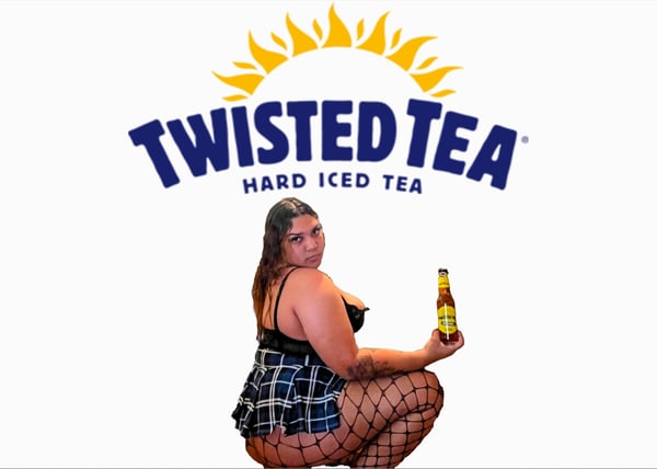 A woman posing playfully with a bottle of Twisted Tea in front of a branded background, wearing a plaid skirt and fishnet stockings.