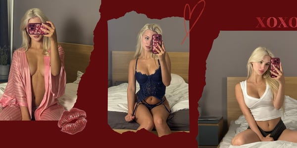 A young woman with long blonde hair posing in lingerie on a bed in three different outfits, with decorative heart elements and text overlays.