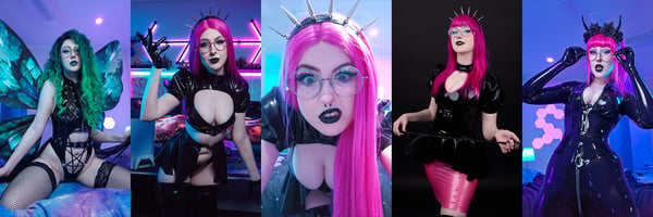 A woman in various colorful goth outfits and costumes posing dynamically with neon lighting and cyberpunk accessories.