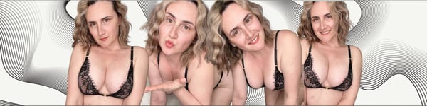Multiple images of a woman with blonde hair posing playfully in lingerie against a wavy background.