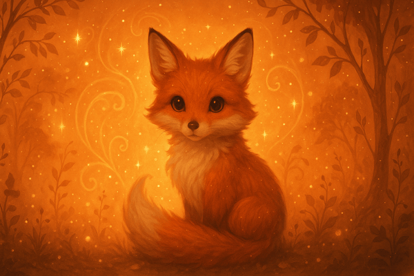 A cute animated fox sitting in a magical forest with glowing lights and starry effects.