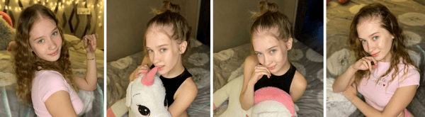 A young woman with long wavy hair posing playfully in various outfits on a bed, holding a stuffed animal and making cute expressions.