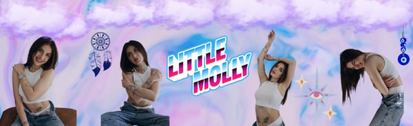 A young woman in multiple poses wearing a white crop top and sitting on a surface, set against a dreamy purple and blue background with decorative elements and the text 'Little Molly'.