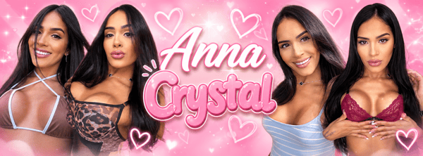 A woman with long dark hair posing in multiple glamorous shots wearing stylish tops, with pink sparkly backgrounds and her name overlaid.