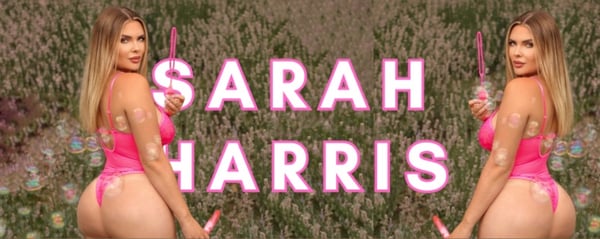 Two women in pink swimsuits posing playfully with greenery in the background, with the name 'Sarah Harris' displayed prominently.