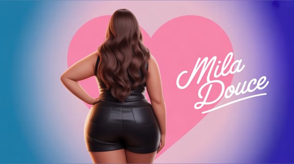 A woman with long dark hair stands confidently from behind in a stylish black outfit, with her name elegantly scripted and surrounded by colorful hearts against a vibrant gradient background.
