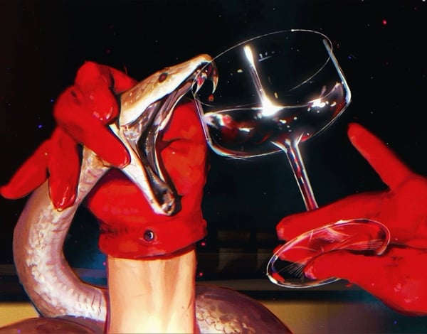 Artistic image featuring red-gloved hands holding a snake and a wine glass in a dramatic, surreal composition with vibrant lighting.