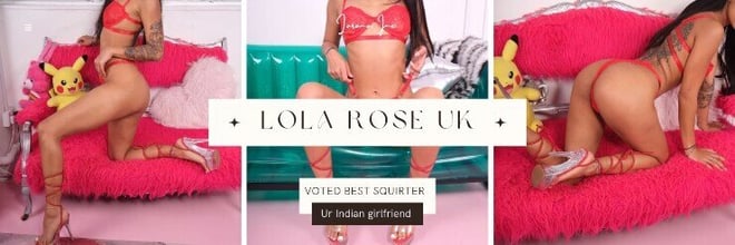 A woman posing in a red swimsuit on pink and green furniture with Pokemon toys and text overlays featuring her name and location.