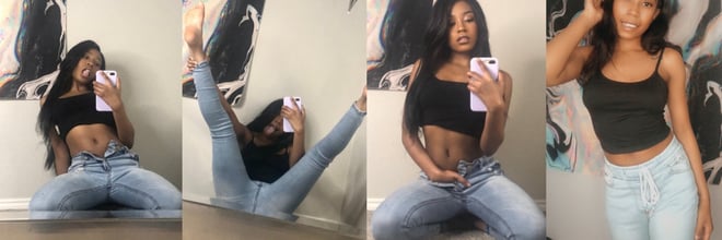 A young woman posing in casual outfits in a collage of indoor mirror selfies.