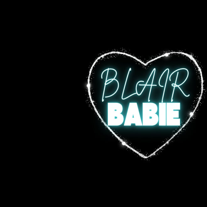 Glowing neon-style text of 'BLAIR BABIE' inside a sparkling heart outline on a dark background.