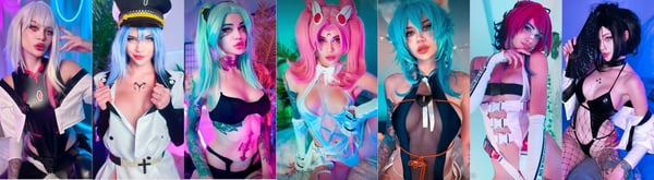 A series of cosplay portraits featuring a model in various colorful anime-inspired costumes and vibrant backgrounds.