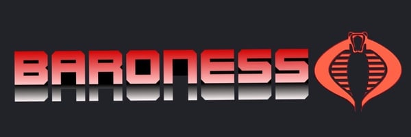 Bold stylized text reading 'TheBaronessX' with red and silver gradients and cobra emblem accents on a black background.