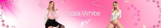 Two young women posing playfully in stylish outfits on a vibrant pink background with decorative floral elements and the name 'Lola White' displayed prominently.