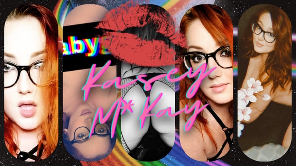 A vibrant collage of a red-haired woman with glasses, featuring rainbow graphics, lips, and playful poses in colorful attire.