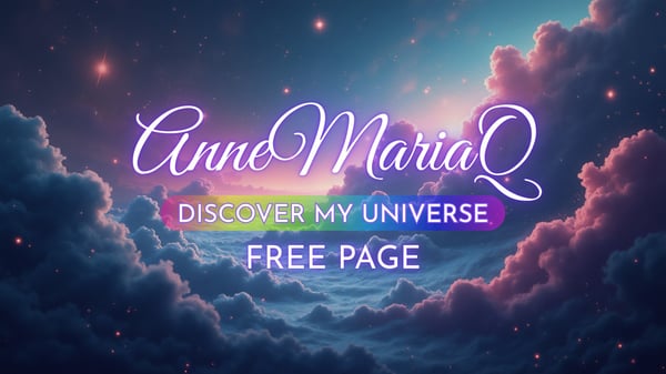 A vibrant cosmic background with neon text displaying the creator's name 'AnneMariaQ' and 'Discover my universe FREE PAGE' against a starry sunset sky.
