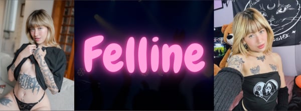Collage of a young woman with tattoos posing in various outfits and settings, including a bedroom with neon pink text overlay of her name.