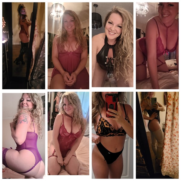 A woman with blonde hair posing in various lingerie outfits in front of mirrors in a bedroom setting with warm lighting.