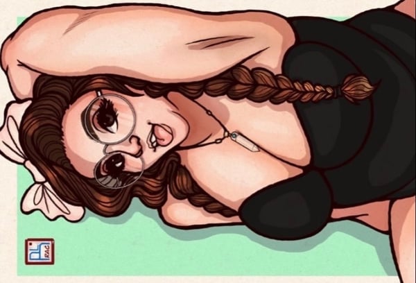 Animated illustration of a woman with glasses and braided hair lounging playfully in black attire on a light green background.