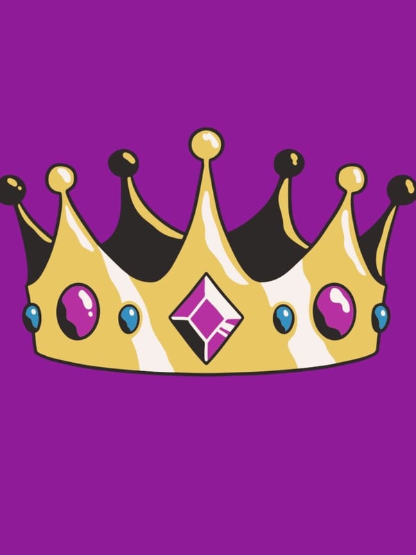 A stylized golden crown with purple gems on a solid purple background.