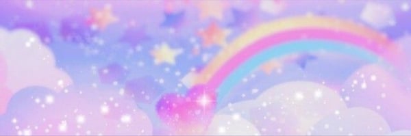 A pastel sky with fluffy clouds, colorful stars, and a bright rainbow arching across the scene.