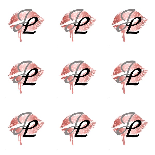 Artistic arrangement of stylized lipstick kiss marks in gray and pink forming the initials JL on a white background.