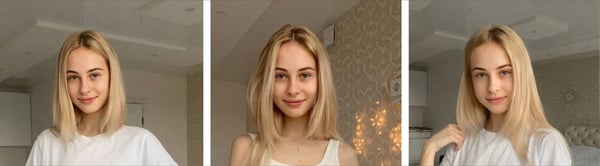 Three selfies of a young woman with blonde hair smiling in a cozy indoor setting with warm lighting and decorative elements.