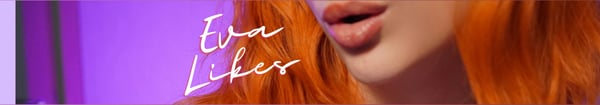 Close-up portrait of a woman with long red hair and glossy lips, with her name stylized in glowing text over a purple background.