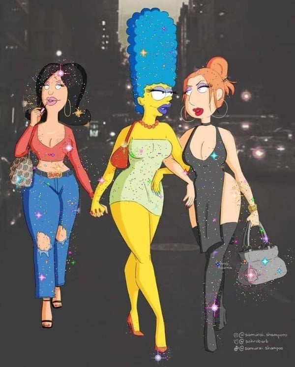 Three animated women in stylish outfits walking together on a neon-lit urban street at night.